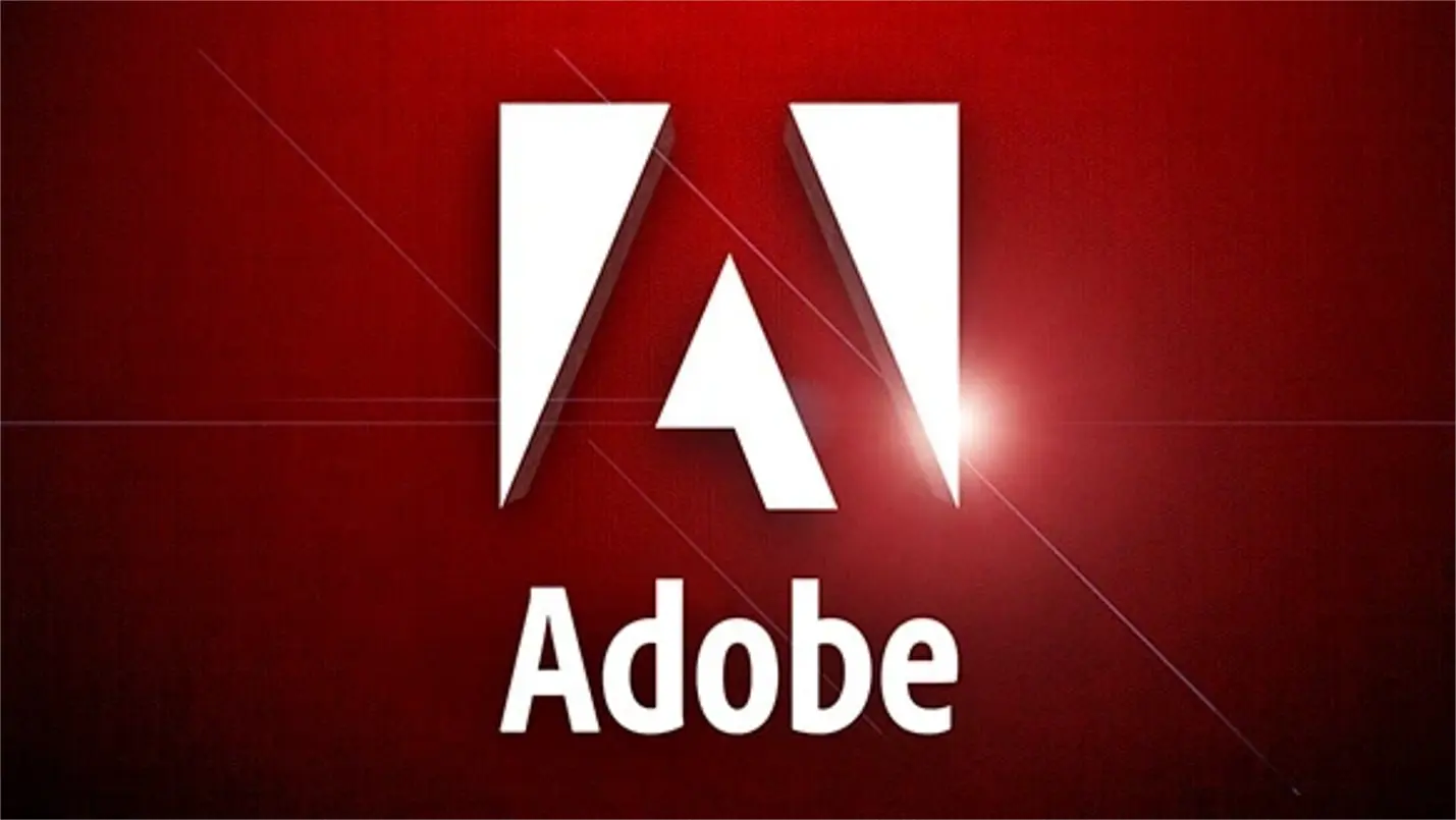 Adobe logo displayed on vivid red branding background